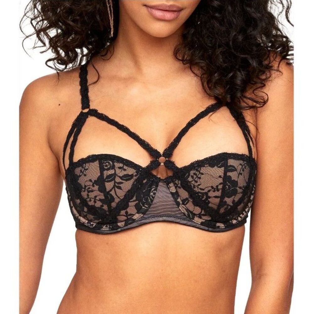 Adore Me Brigitte Contour Bra Jet Black Floral Lace Strappy Underwire Women 36B
